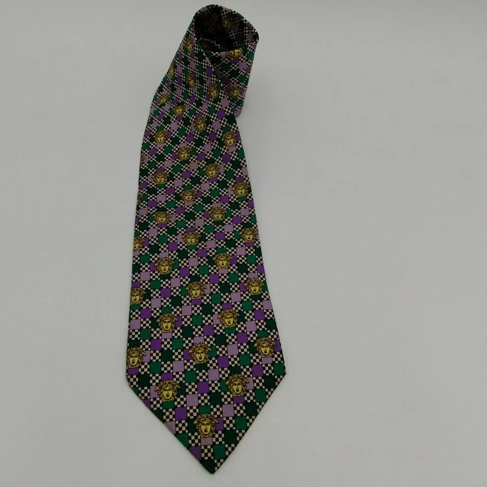 Vintage Gianni Versace Medusa Silk Tie Purple Check
